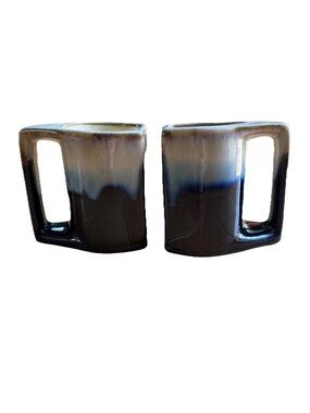 (2) Rodolfo Padilla Stackable Signed Stoneware Mugs Blue Beige Drip Glaze 4.25"